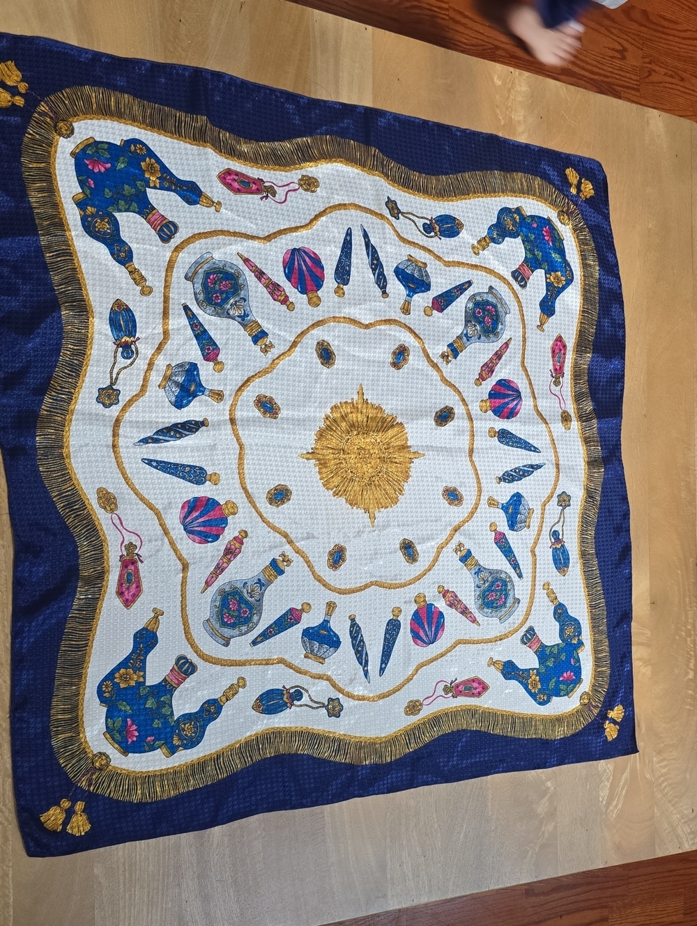 Vintage Perfume Bottle Silk Scarf Square 35" Blue Gold Elephant Tassel Novelty